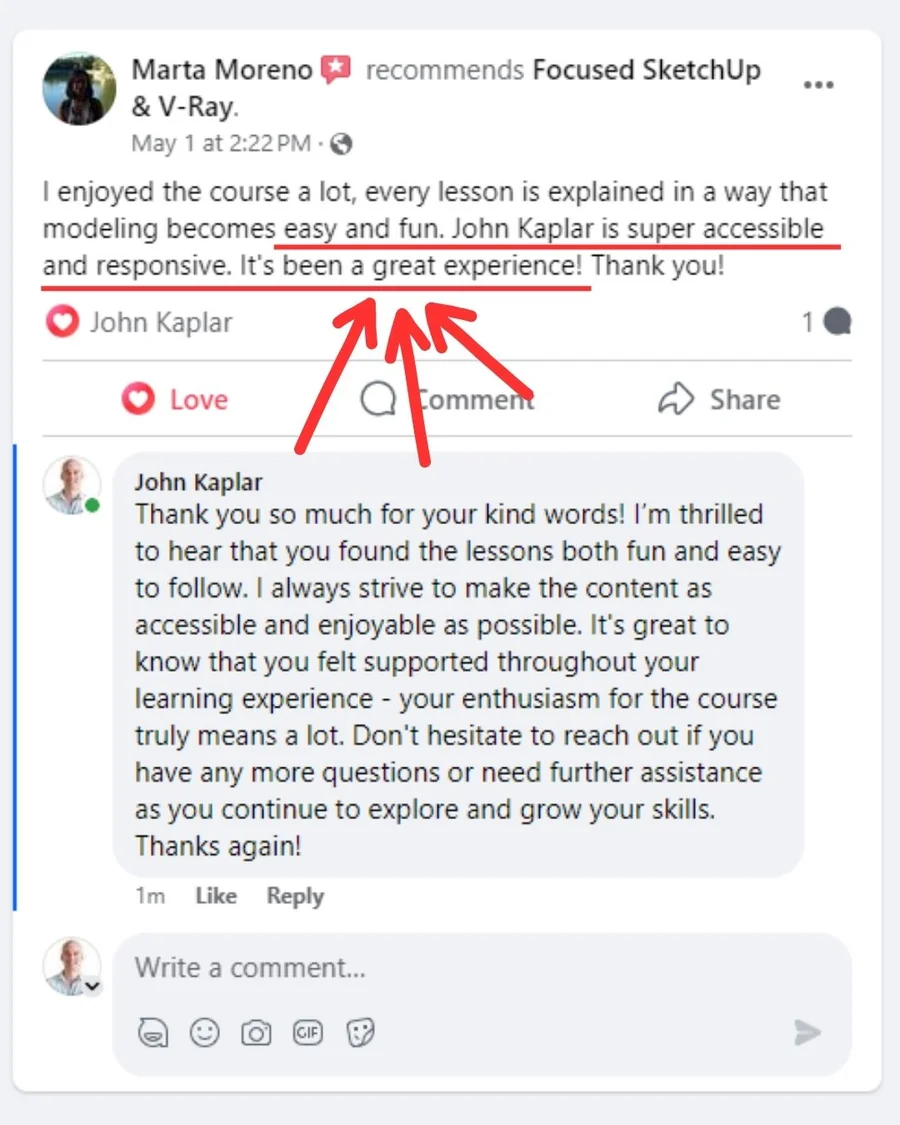 FOCUSED SketchUp student Facebook review