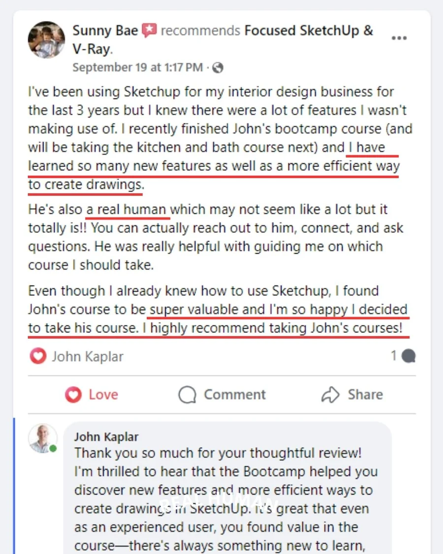 FOCUSED SketchUp student Facebook review