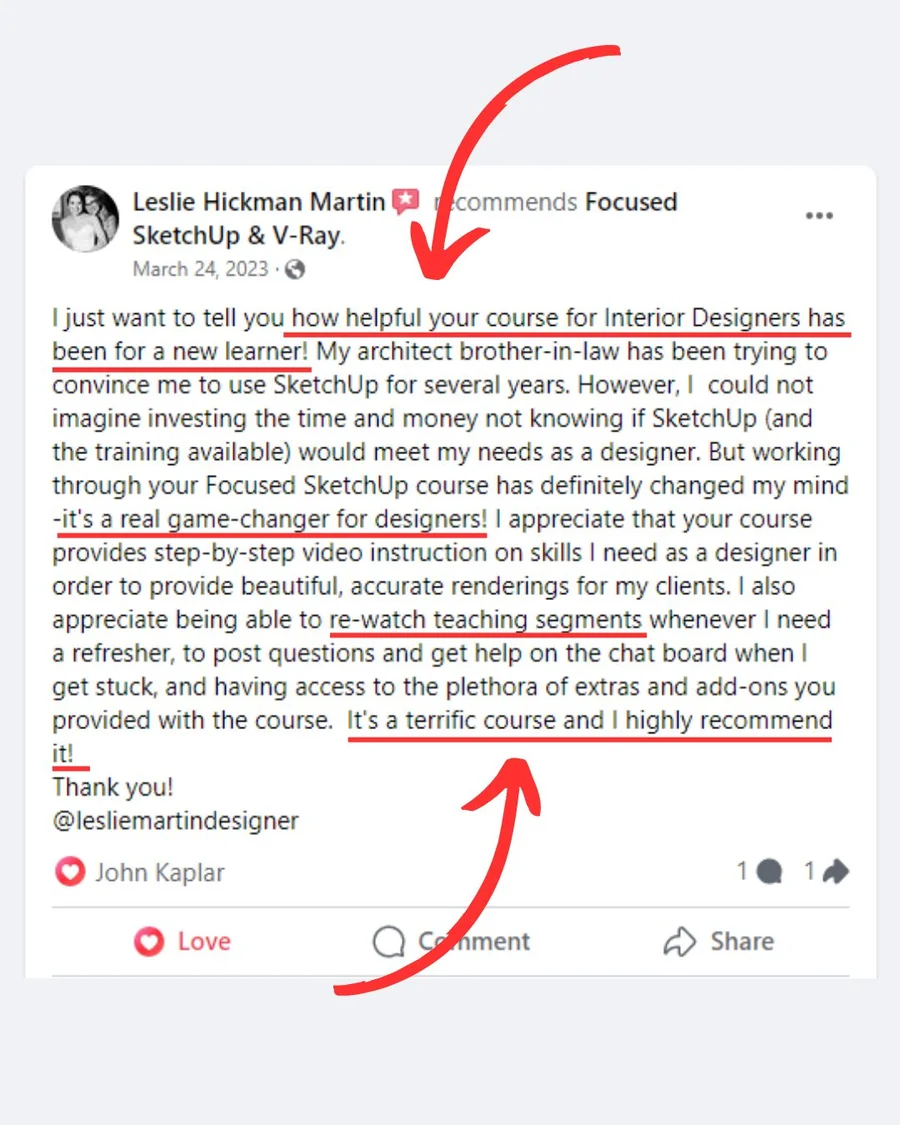 FOCUSED SketchUp student Facebook review