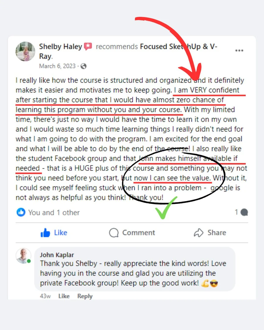 FOCUSED SketchUp student Facebook review