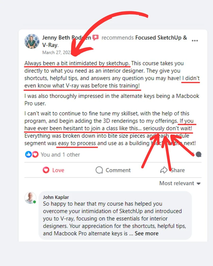 FOCUSED SketchUp student Facebook review