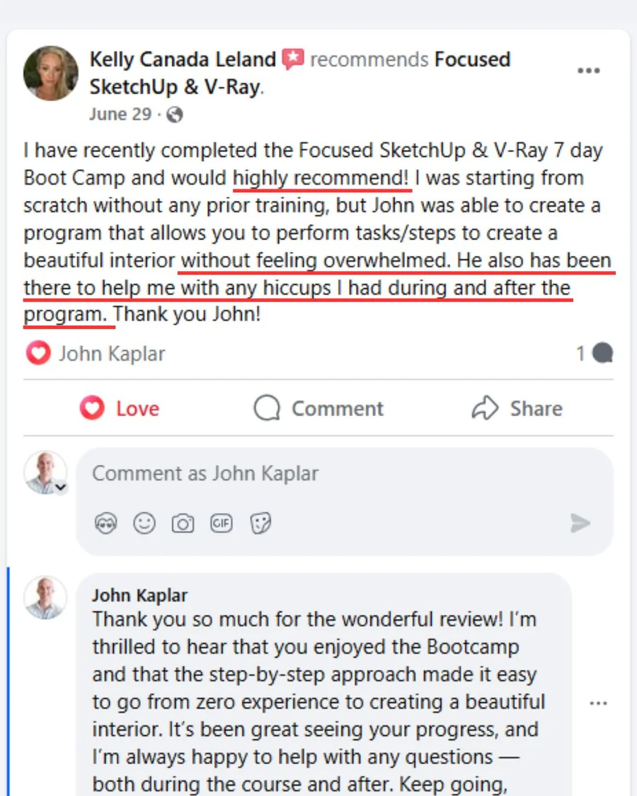 FOCUSED SketchUp student Facebook review