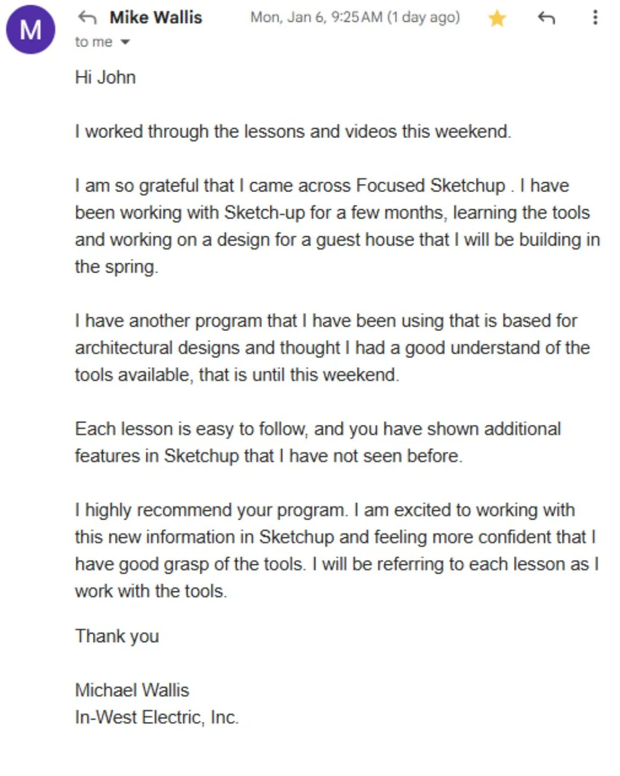 FOCUSED SketchUp student Facebook review