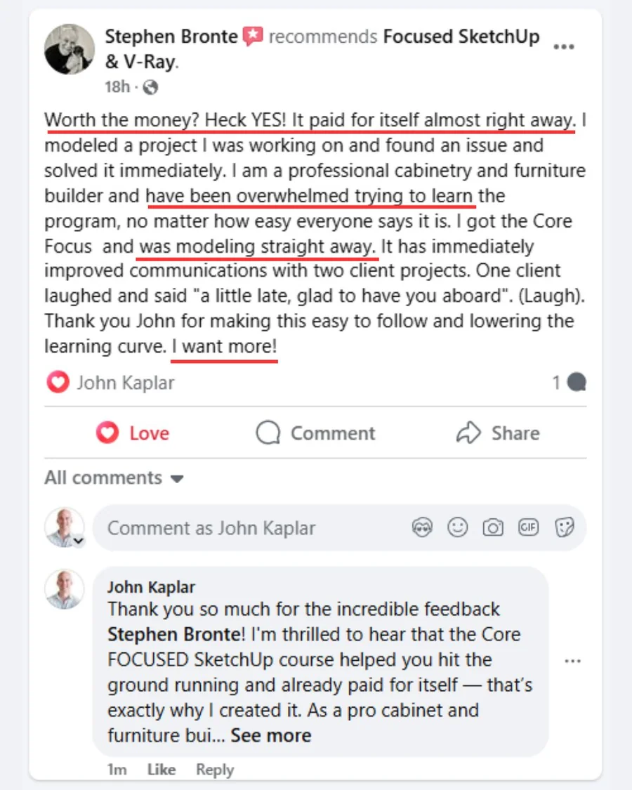FOCUSED SketchUp student Facebook review